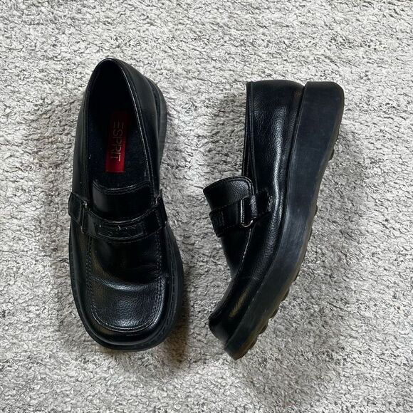 Vintage 90s Y2K Esprit Rocker Chunky Lug Sole Black Slip on Loafers - Picture 1 of 5